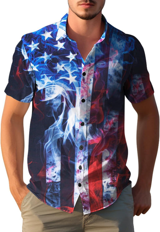 HOTYoimira 4th of July Shirts for Men,Patriotic Grunge Concept USA Flag Button-Down Casual Short Sleeve Hawaiian Shirts for Men