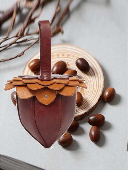 HOTAcorn Purse Novelty Acorn Shaped Coin Purse Vegan Leather Small Pouch Stylish Handbag Mini Retro Bag Gifts for Women Men Kids Daily Cosplay Party(Dark Brown)