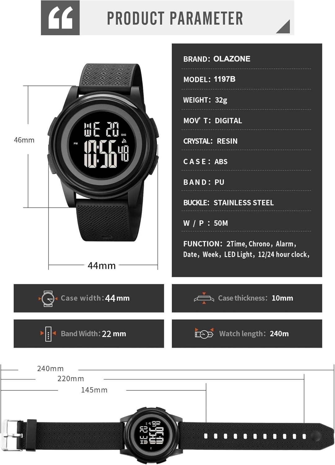 HOTOLAZONE Digital Watches Men Ultra-Thin Minimalist Sports Waterproof with Wide-Angle Display Rubber Strap Wrist Watch for Men