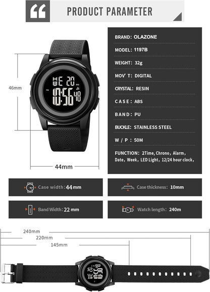 HOTOLAZONE Digital Watches Men Ultra-Thin Minimalist Sports Waterproof with Wide-Angle Display Rubber Strap Wrist Watch for Men