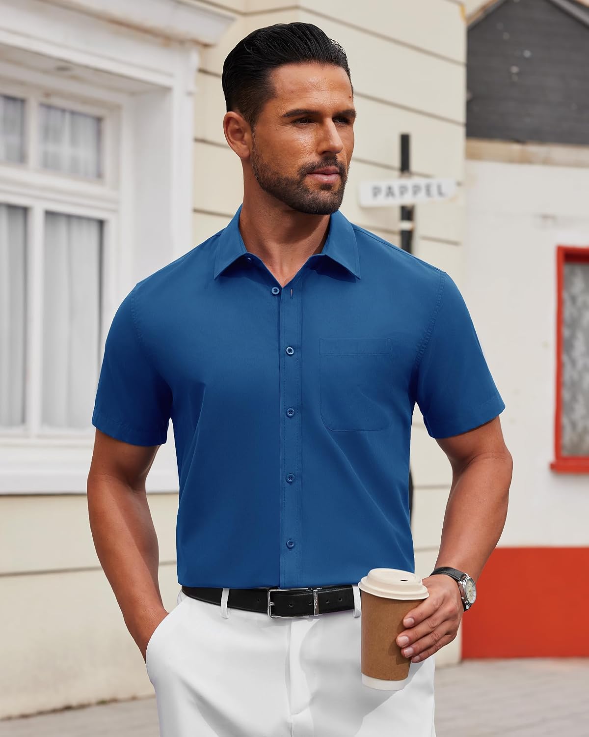 HOTAlimens & Gentle Men's Short Sleeve Dress Shirts Wrinkle Free Untucked Casual Button Down Shirt