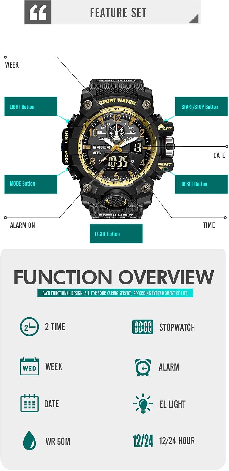 HOTKXAITO Men's Watches Sports Outdoor Waterproof Military Wrist Watch Date Multi Function Tactics LED Alarm Stopwatch