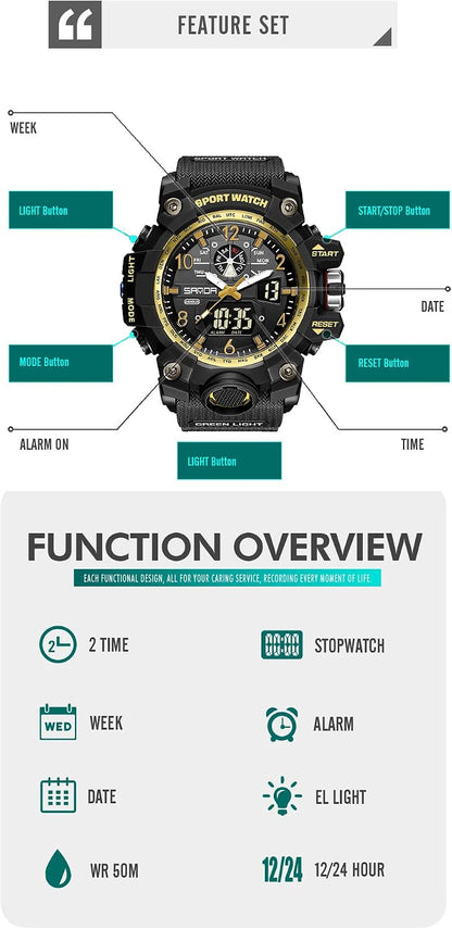 HOTKXAITO Men's Watches Sports Outdoor Waterproof Military Wrist Watch Date Multi Function Tactics LED Alarm Stopwatch