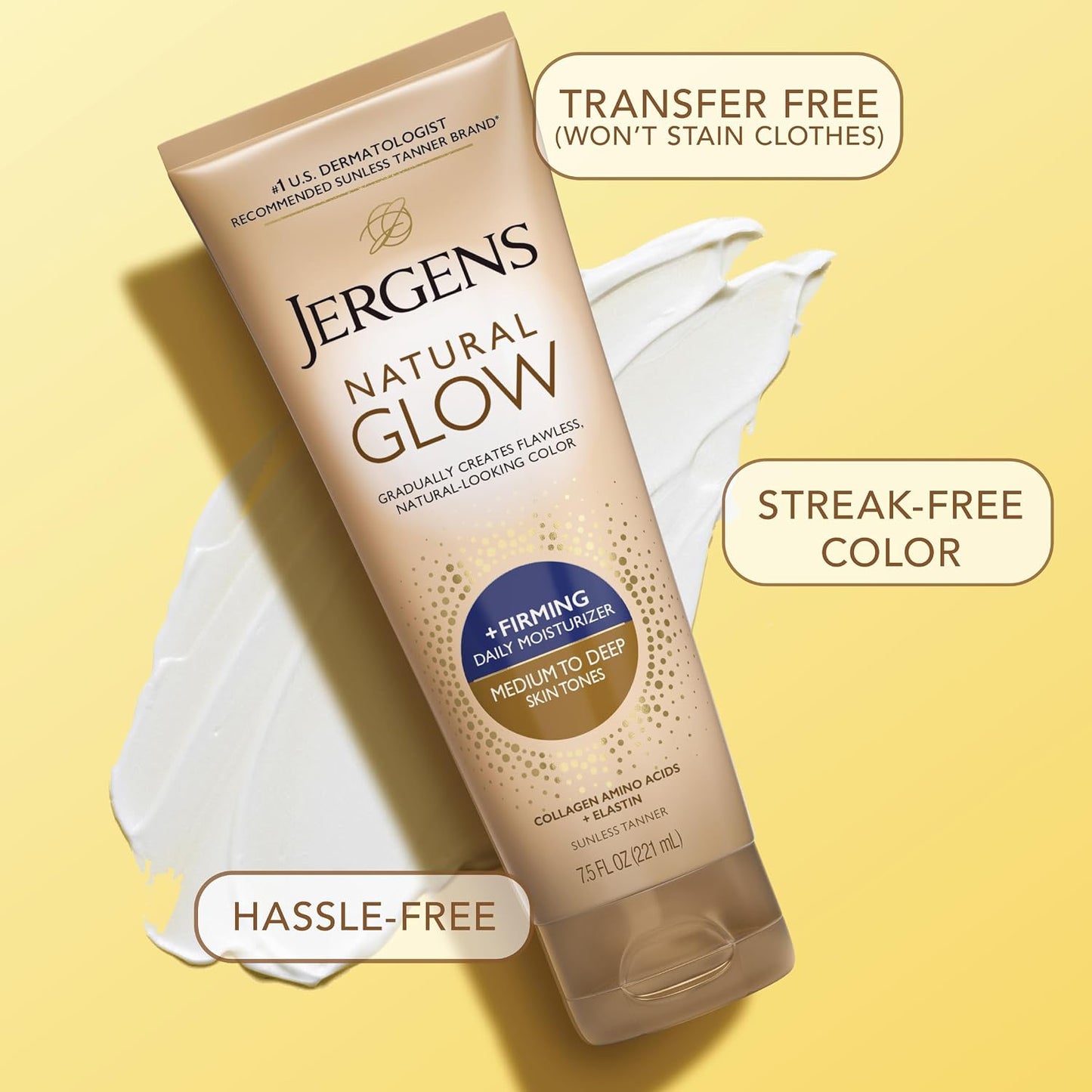 HOTJergens Natural Glow + Firming Daily Moisturizer Medium to Tan Skin Tones 7.5oz | Gradual Sunless Tanner, Collagen and Elastin, Firms Skin, Reduces Cellulite, Daily Moisturizer, Medium to Deep Skin Tone