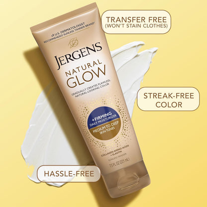 HOTJergens Natural Glow + Firming Daily Moisturizer Medium to Tan Skin Tones 7.5oz | Gradual Sunless Tanner, Collagen and Elastin, Firms Skin, Reduces Cellulite, Daily Moisturizer, Medium to Deep Skin Tone