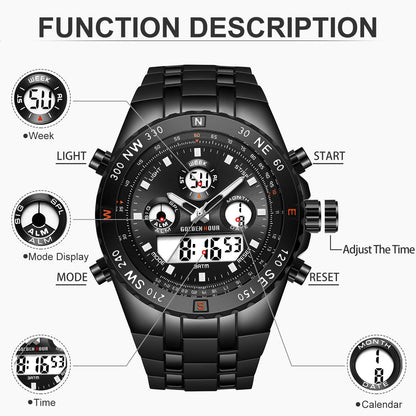 HOTGOLDEN HOUR Luxury Military Sports Men's Watches Large Size Big Face 3ATM Waterproof, Stopwatch, Date and Date, Alarm, Luminous Digital Analog Wrist Watch with Rubber Band