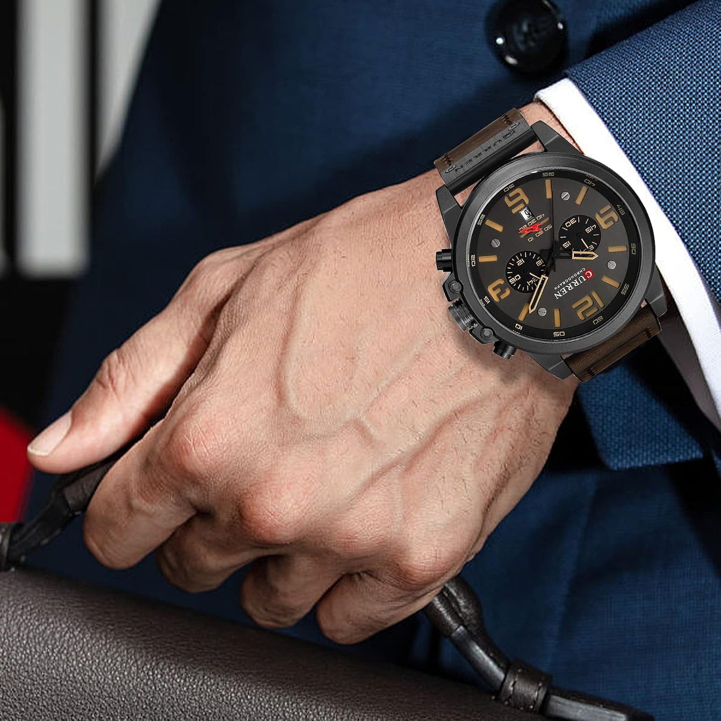 HOTFANMIS Mens Sport Military Analog Quartz Watch Classic Chronograph Sandwich Dial Business Dress Waterproof Watch Multifunctional Wristwatch with Leather Strap
