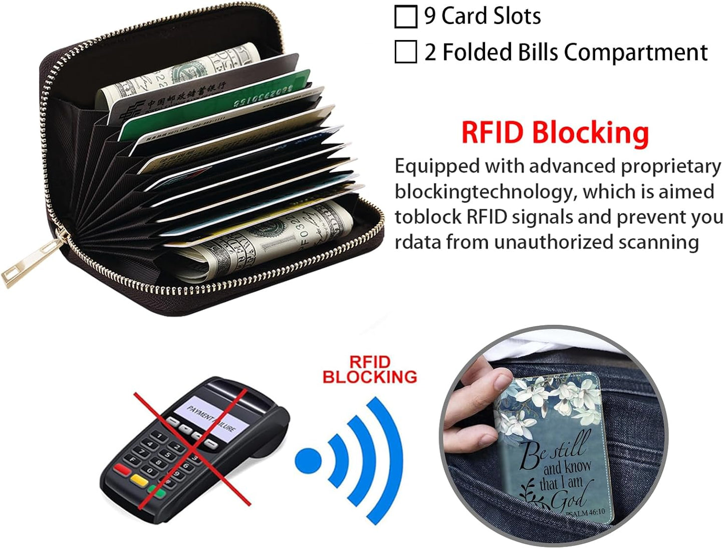 HOTCredit Card Holder Wallets for Women, RFID Blocking Small Leather Card Case Wallet with Zipper Accordion Wallets, Floral Quote Bible Verse Psalm 46:10