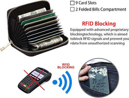 HOTCredit Card Holder Wallets for Women, RFID Blocking Small Leather Card Case Wallet with Zipper Accordion Wallets, Floral Quote Bible Verse Psalm 46:10
