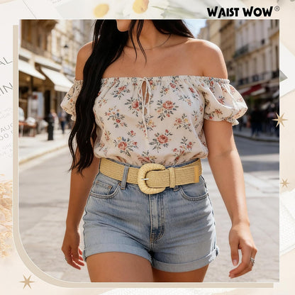 HOTStraw Woven Elastic Belt for Women Stretchy Belts for Dress Fashion Boho Waist Belt Rattan Raffia Ladies Belts
