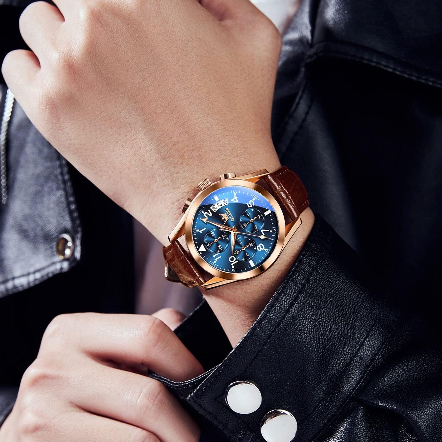 HOTOLEVS Men's Casual Leather Watch, Big Face Chronograph Watch for Men, Fashion Easy to Read Dress Watch, Men's Waterproof Luminous Date Analog Watch, Gold/Black/White/Blue Dial