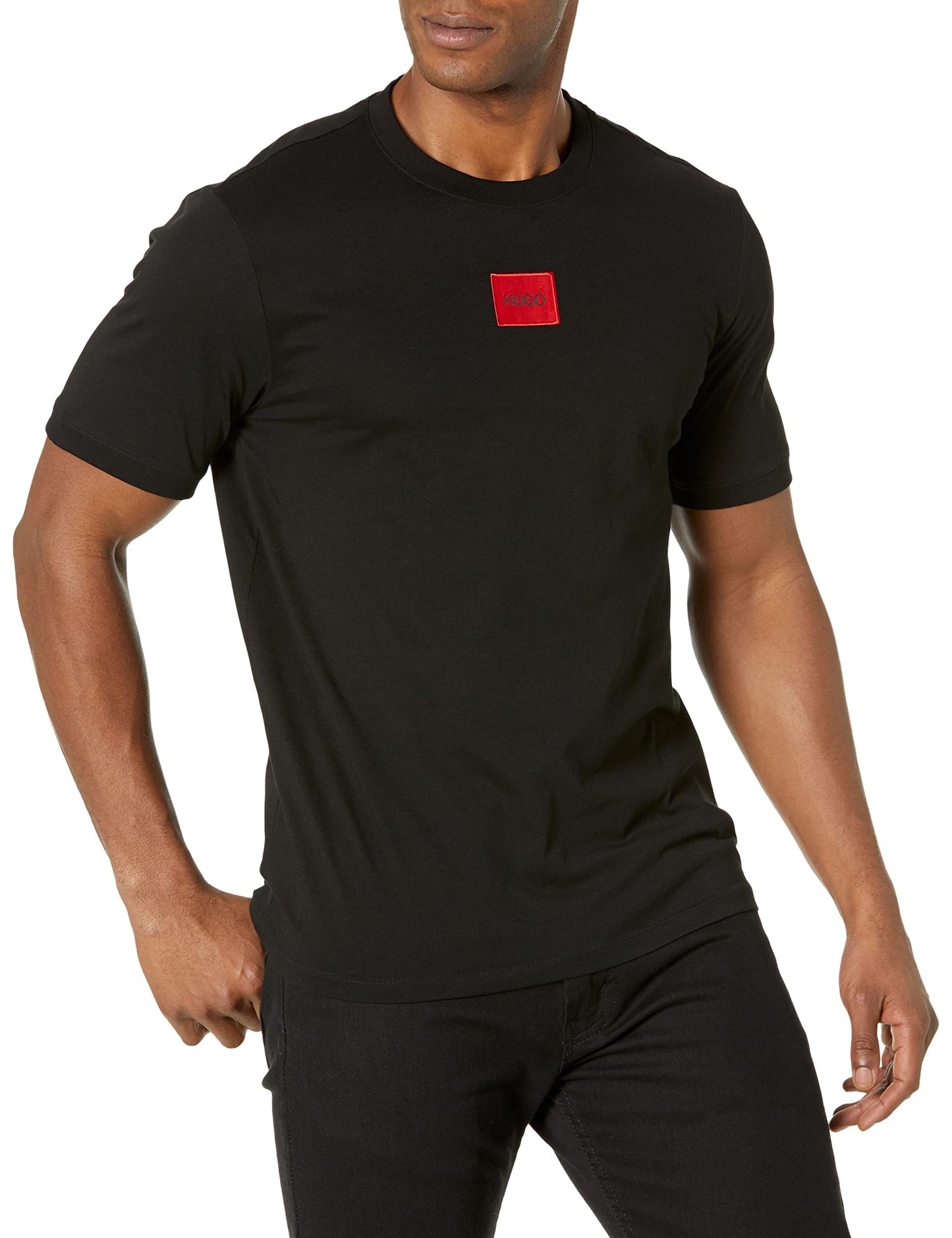 HOTHugo Mens Ribbed Crew Neck Regular Fit Center Logo T-Shirt