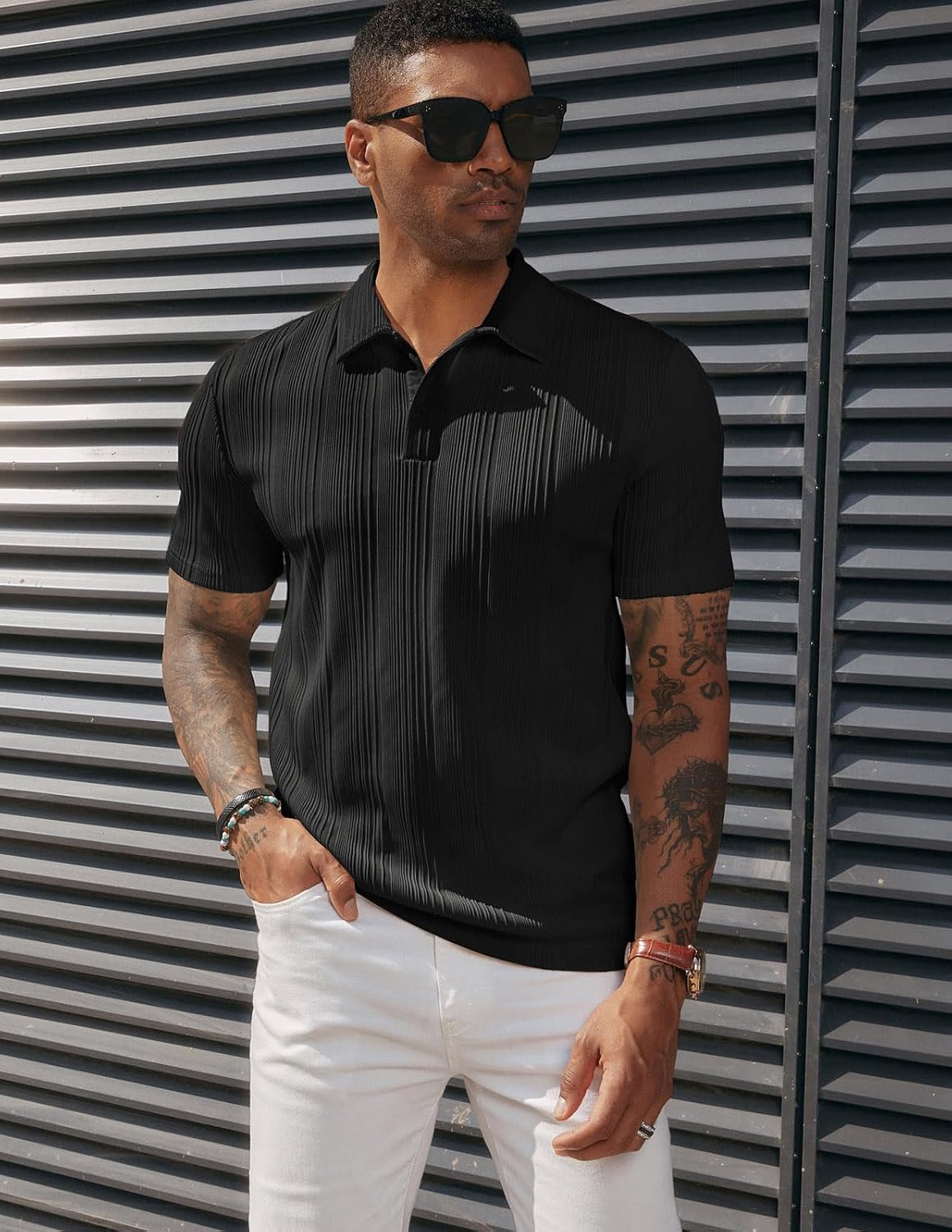 HOTPJ PAUL JONES Mens Polo Shirts Textured Knit Polo Stretchy Regular Fit Collared Golf Shirts