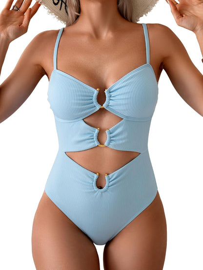 HOTEomenie Womens Cutout One Piece Swimsuit Sexy Bathing Suit | Ring Linked, Adjustable Spaghetti Straps, Bra Support, Soft Removable Cups, Monokini for Beach Vacation, Pool Side