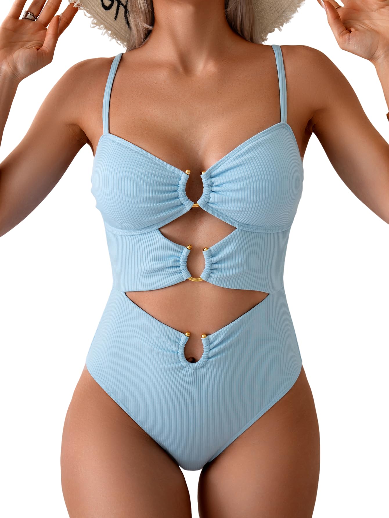 HOTEomenie Womens Cutout One Piece Swimsuit Sexy Bathing Suit | Ring Linked, Adjustable Spaghetti Straps, Bra Support, Soft Removable Cups, Monokini for Beach Vacation, Pool Side