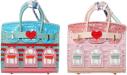 HOTWomen's 2 PCS Mini Tote Bag Charms Keychain Pouch Small Coin Purse Wallet (Blue + Pink)