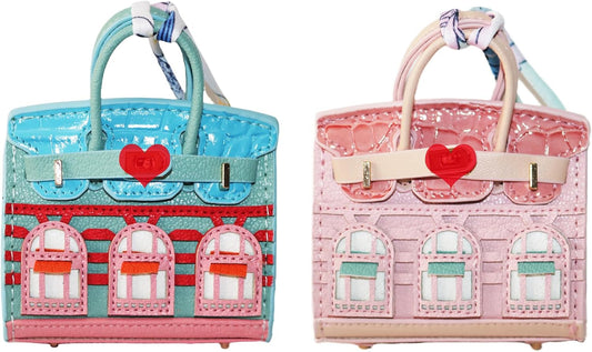 HOTWomen's 2 PCS Mini Tote Bag Charms Keychain Pouch Small Coin Purse Wallet (Blue + Pink)