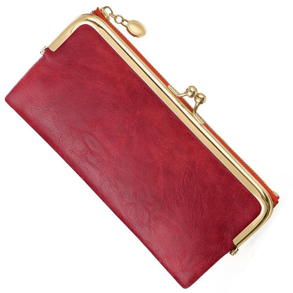 HOTVintage Wallets for Women Large Bifold Kiss Lock Wallet for Women Leather Zip Clutch Coin Purse