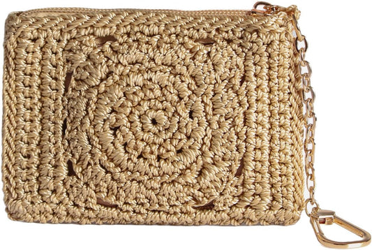 HOTEiyye Crochet Card Holder Wallet for Women Small Zipper Coin Purse with Keychain Slim Mini Wallet for Credit Cards & Cash (Khaki)