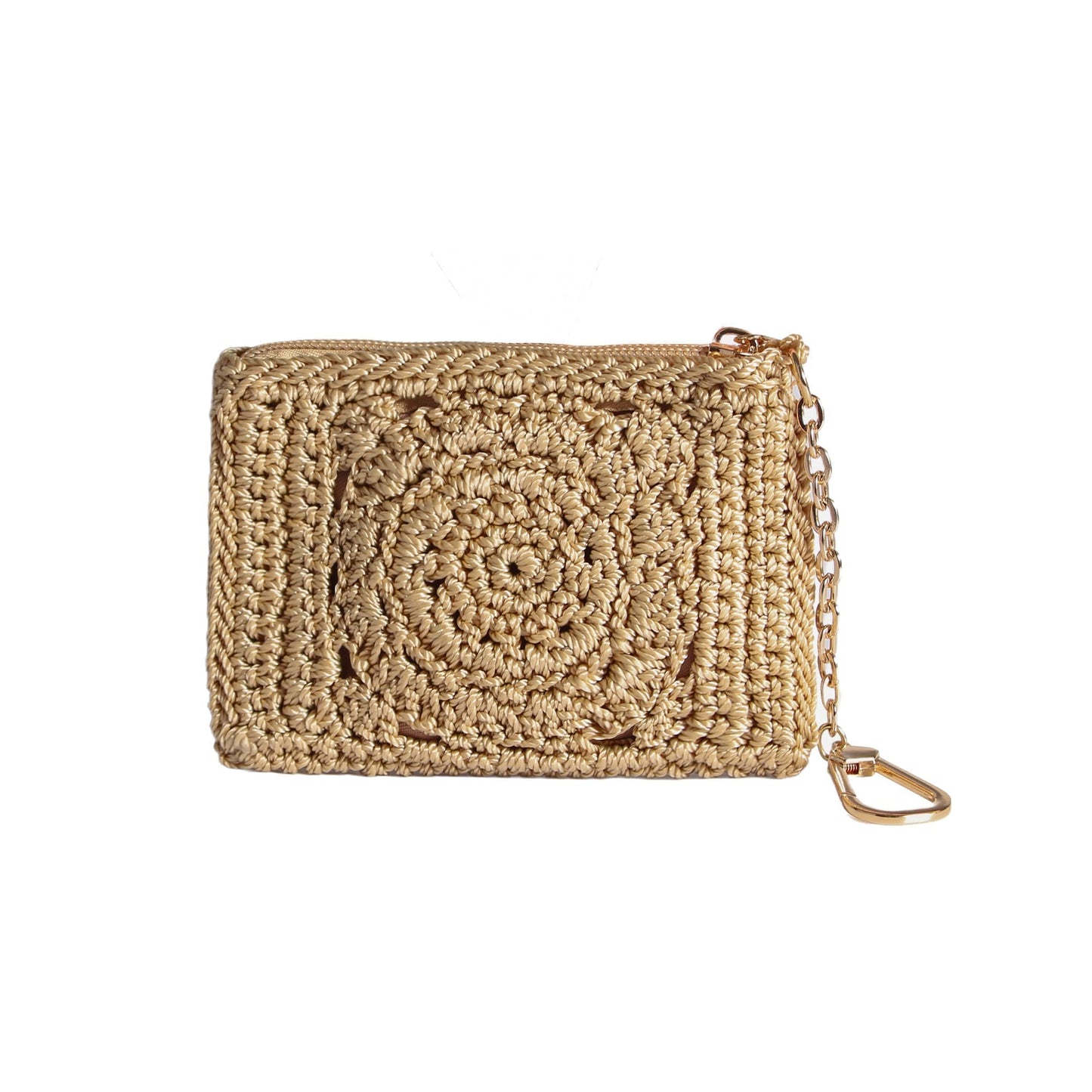 HOTEiyye Crochet Card Holder Wallet for Women Small Zipper Coin Purse with Keychain Slim Mini Wallet for Credit Cards & Cash (Khaki)