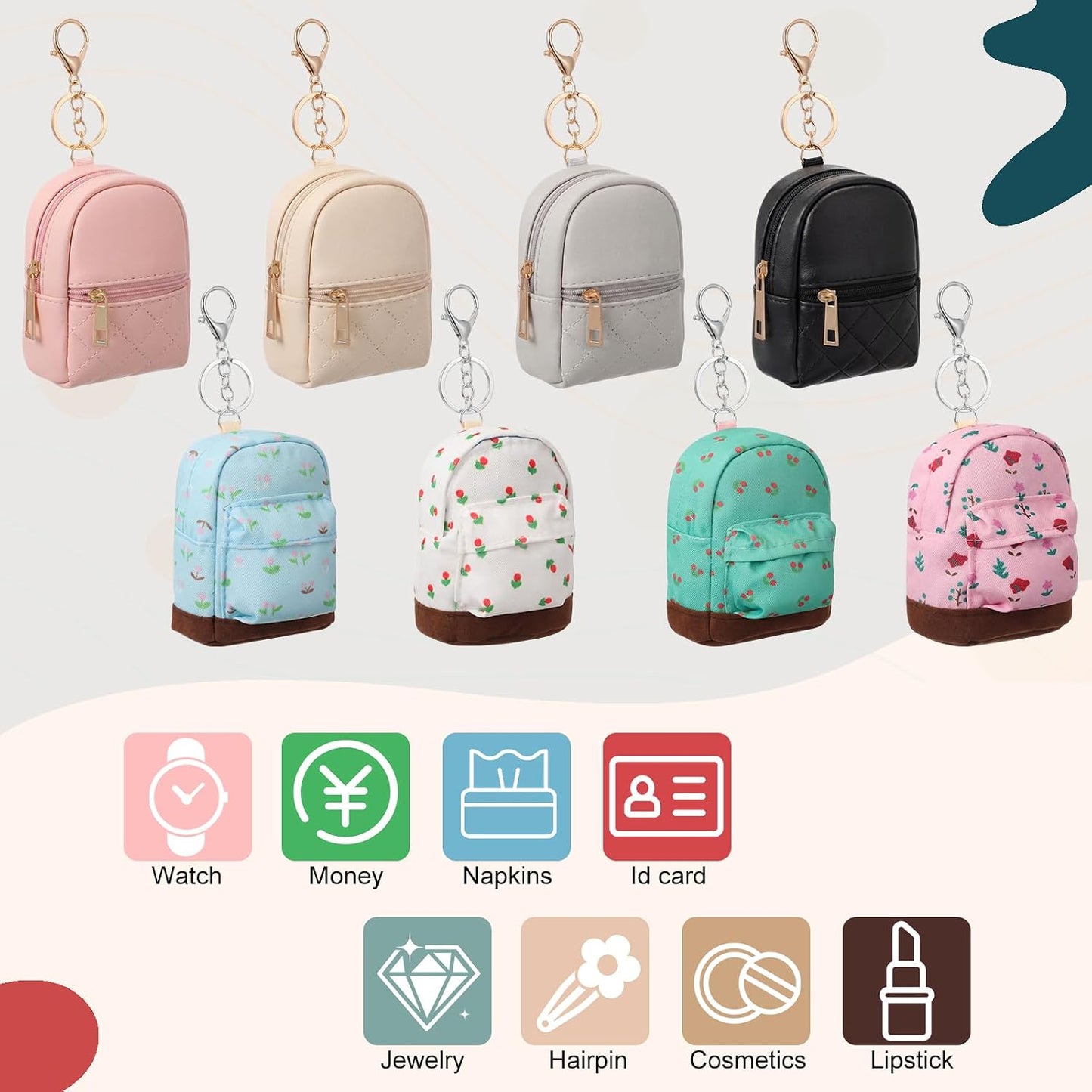 HOTHsei 8 Pcs Mini Backpack Keychain Coin Purse Tiny Key Chain Cute Cosmetic Bag Small Wallets Mini Valentines Gifts for Women Multi Pocket Card Holder Small Items Cable Organizer Zipper Pouch