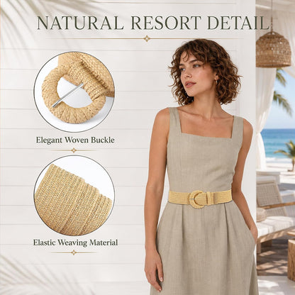 HOTStraw Belts for Women Stretchy Woven Belt with Oval Buckle Elastic Belt for Dress Boho Waist Belt