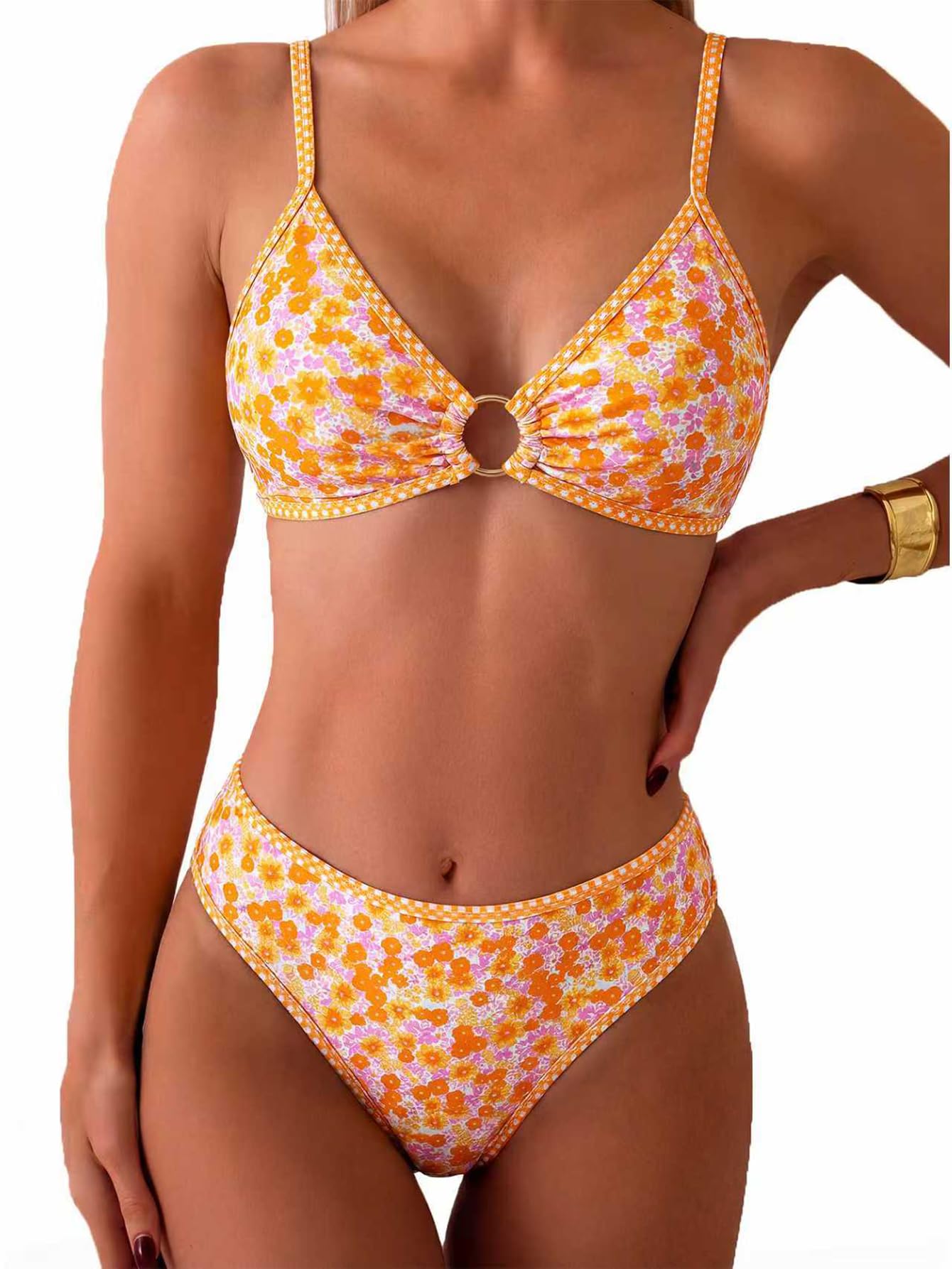 HOTTainehs Women's Two Piece Bikini Sets O Ring Front Top Ditsy Floral Triangle Swimsuits Cheeky Bathing Suit