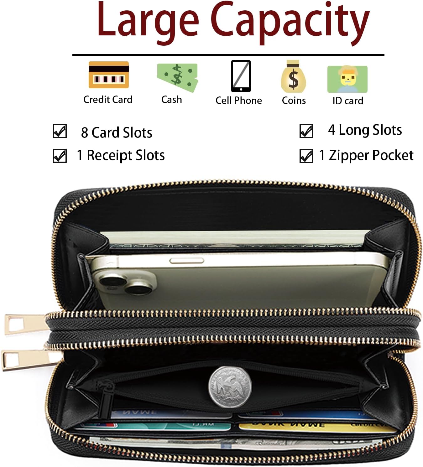 HOTWomen's Vintage 80s Music Cassette Print Double Zipper Wallet, Large Capacity, Credit Card Holder, Phone Wallet, Wristlet Strap, 7.87 x 4.13 x 1.77 inches