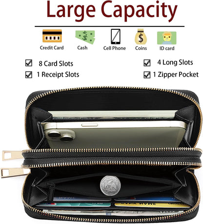 HOTWomen's Vintage 80s Music Cassette Print Double Zipper Wallet, Large Capacity, Credit Card Holder, Phone Wallet, Wristlet Strap, 7.87 x 4.13 x 1.77 inches