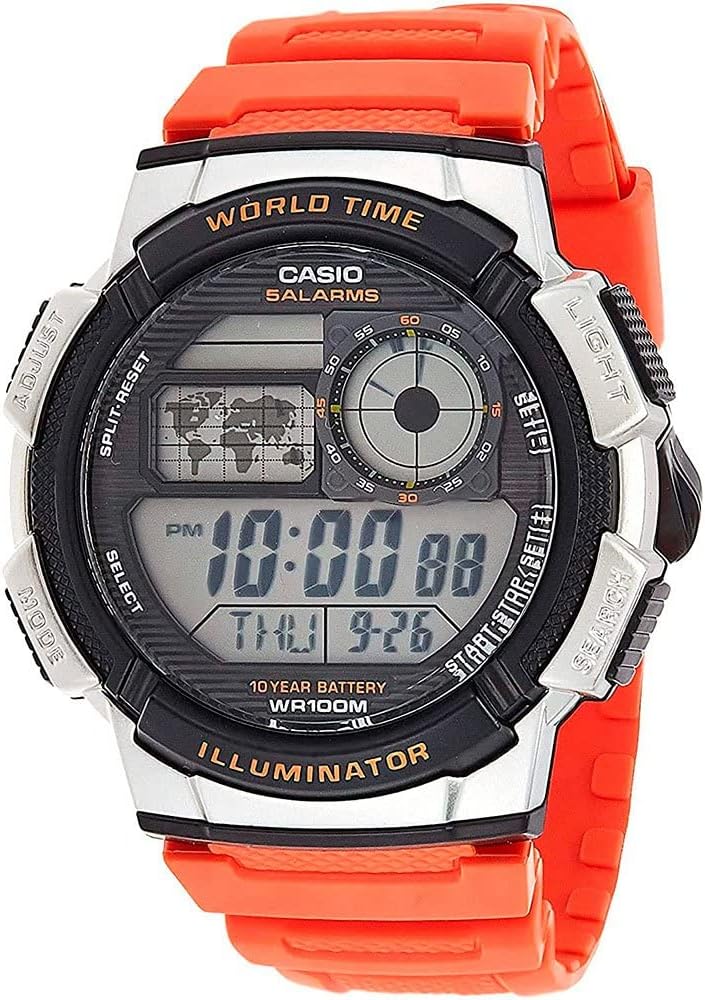 HOTCasio AE1000W Series | Men’s Digital Watch | 100M WR | Multi Alarms | 100 SEC Stopwatch | Countdown Timer | World Map for World Time | LED Light | LC Analog Display | 10 Year Battery