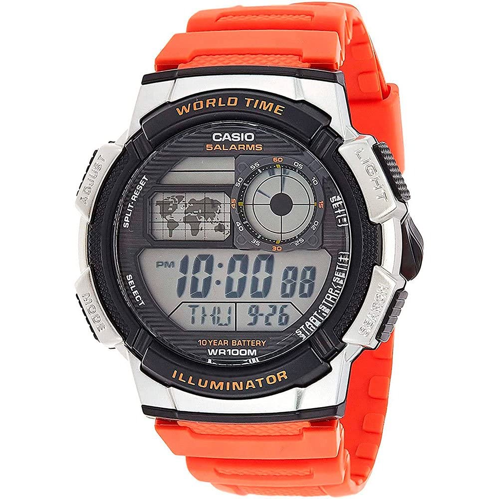 HOTCasio AE1000W Series | Men’s Digital Watch | 100M WR | Multi Alarms | 100 SEC Stopwatch | Countdown Timer | World Map for World Time | LED Light | LC Analog Display | 10 Year Battery
