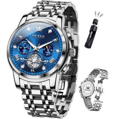 HOTOLEVS Mens Watches Chronograph Watch Luxury Dress Stainless Steel Waterproof Watches for Men Moon Phase Luminous Business Calendar Wrist Watch Blue/Black/Green/Gold/Face