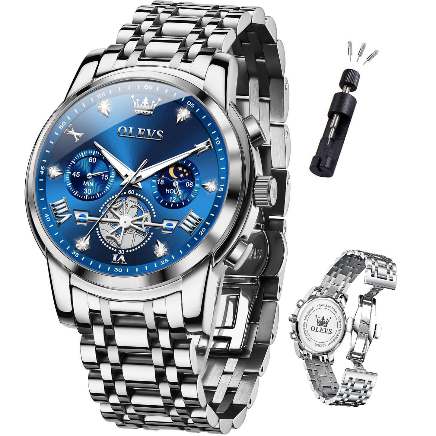 HOTOLEVS Mens Watches Chronograph Watch Luxury Dress Stainless Steel Waterproof Watches for Men Moon Phase Luminous Business Calendar Wrist Watch Blue/Black/Green/Gold/Face