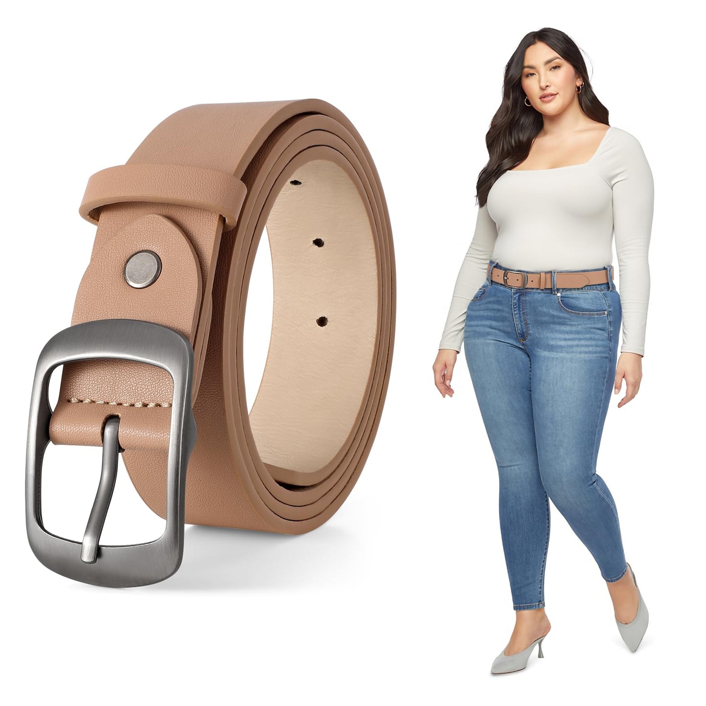 HOTJASGOOD Plus Size Women Leather Belt Black Casual Waist Belt for Jeans Pants with Metal Pin Buckle