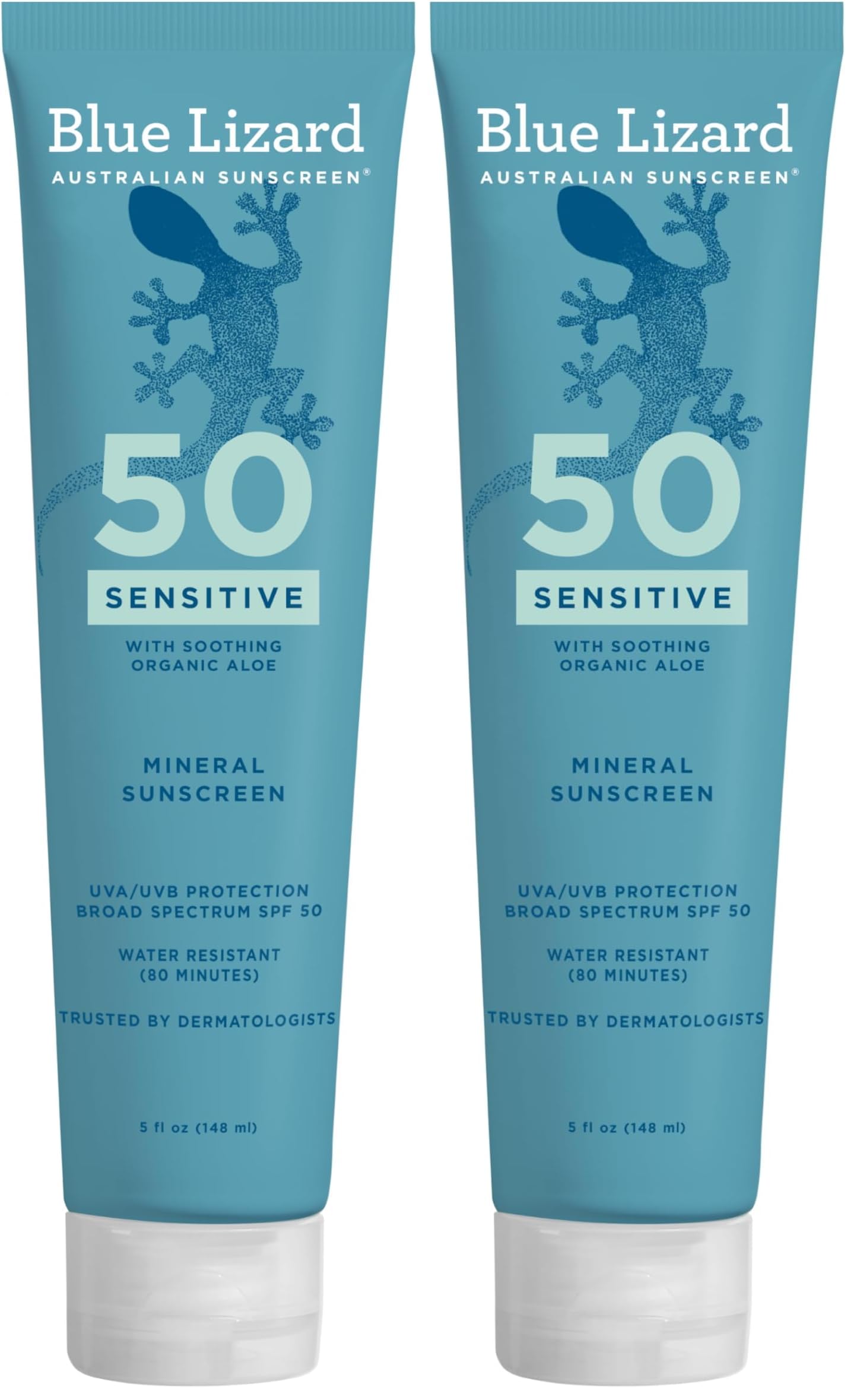 HOTBlue Lizard Sensitive Mineral SPF 50 Sunscreen Lotion, 100% Mineral Sunscreen, UVA/UVB Protection, Infused with organic Aloe Vera, Soothes and Hydrates, 5 fl oz