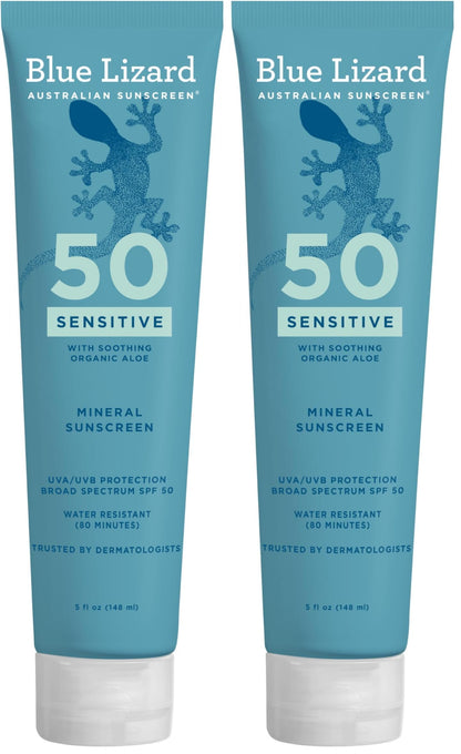 HOTBlue Lizard Sensitive Mineral SPF 50 Sunscreen Lotion, 100% Mineral Sunscreen, UVA/UVB Protection, Infused with organic Aloe Vera, Soothes and Hydrates, 5 fl oz