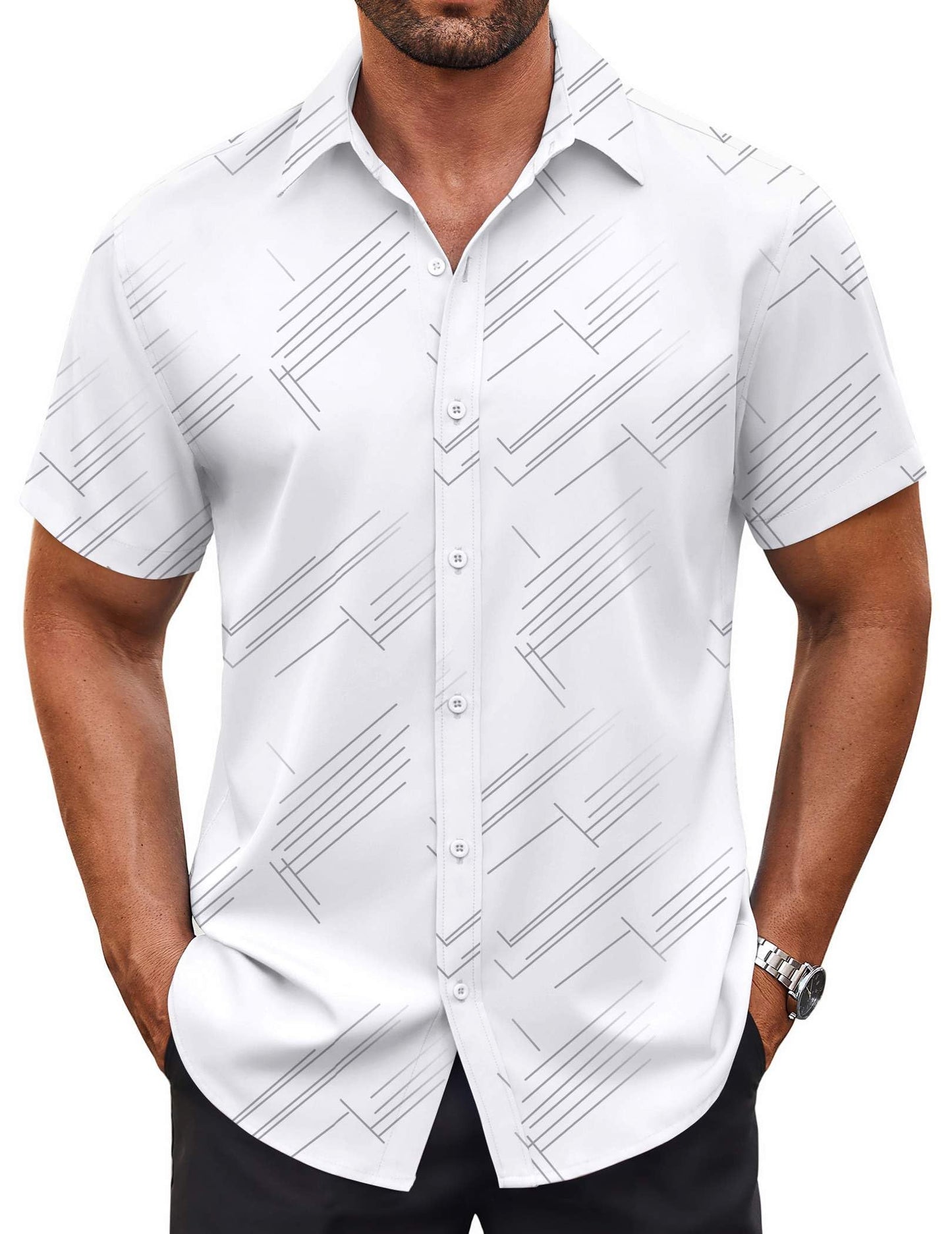 HOTCOOFANDY Men's Button Down Shirt Short Sleeve Dress Shirt Casual Beach Summer Wedding Shirt