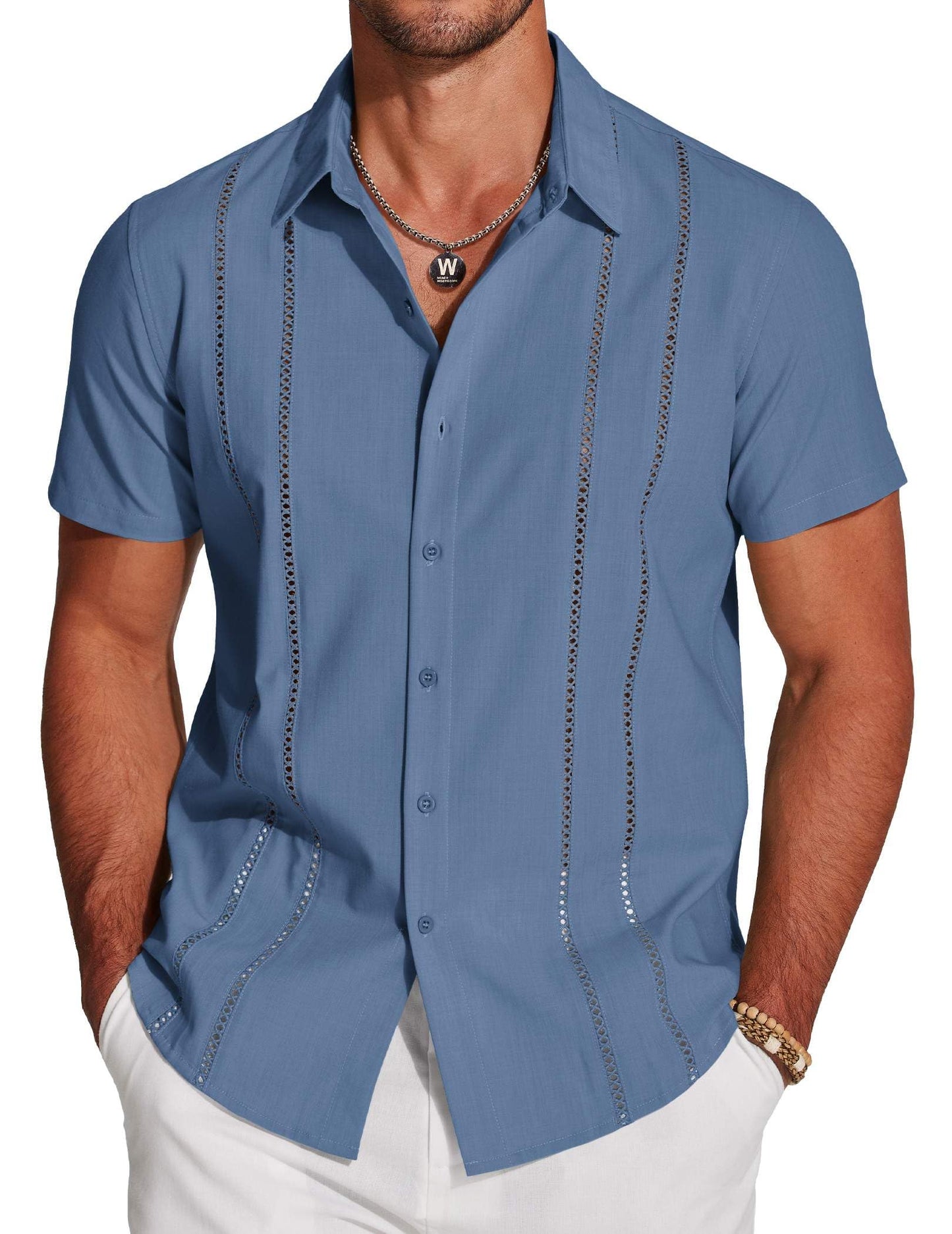 HOTCOOFANDY Men's Cuban Guayabera Shirt Short Sleeve Button Down Shirts Casual Summer Beach Linen Shirts