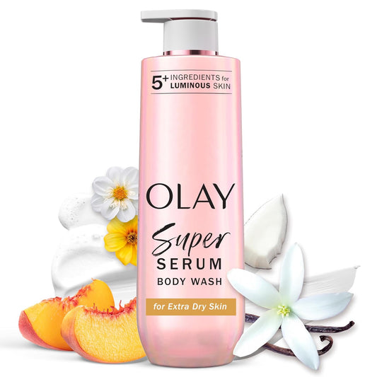 HOTOlay Super Serum Body Wash for Extra Dry Skin, 24hr Long Lasting Rich Hydration, 5+ Ingredient Complex for Bright, Even, Firm, & Luminous Skin, with Collagen Peptide, Vitamin C & Shea Butter, 20 fl oz