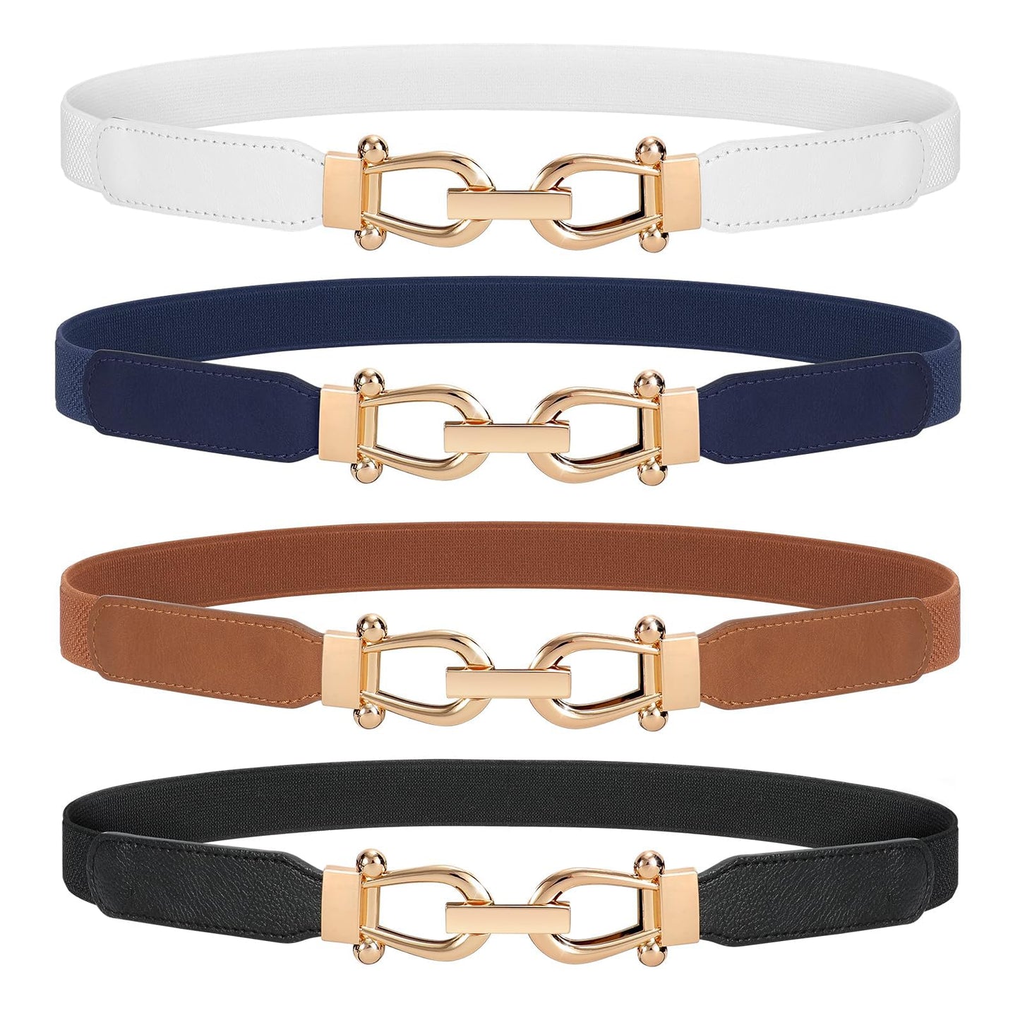HOTWERFORU Women Skinny Belt for Dresses Retro Stretch Waist Belt with Gold Buckle Set of 4