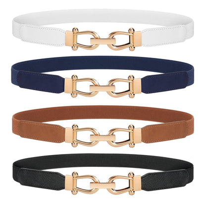 HOTWERFORU Women Skinny Belt for Dresses Retro Stretch Waist Belt with Gold Buckle Set of 4