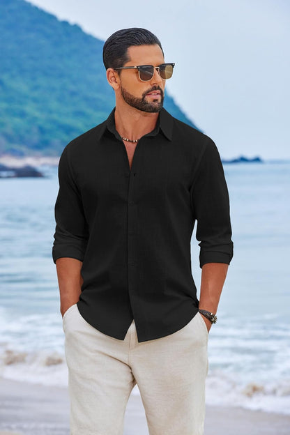 HOTCOOFANDY Men's Casual Button Down Shirts Long Sleeve Cotton Beach Wedding Shirt Summer Linen Shirt for Men