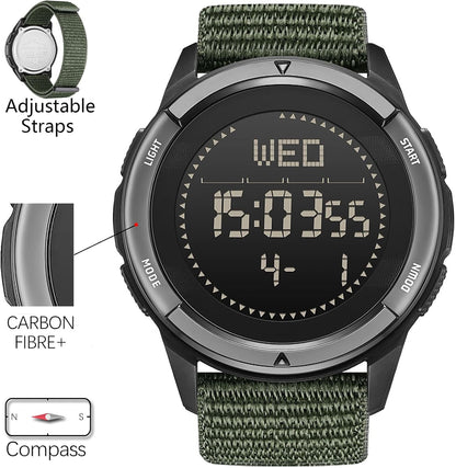 HOTDIDITIME Tactical Watches for Men, Military Watches for Men, Waterproof 164FT, Fitness Watch, Mens Digital Watches with Compass, Metronome, Pedometer, Lightweight Breathable Nylon Watch