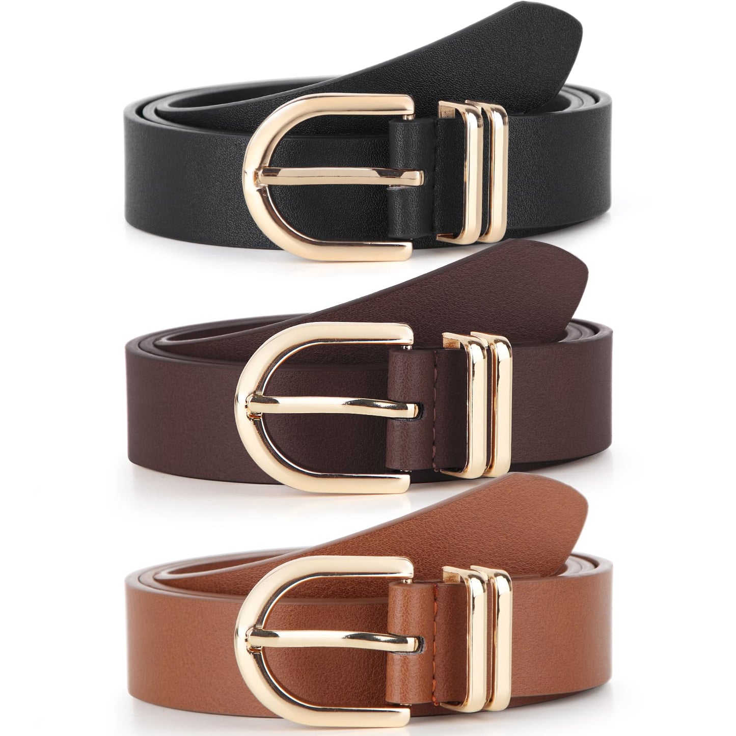 HOTPack 3 Women Belts for Jeans Pants, Fashion Gold Buckle Leather Belts