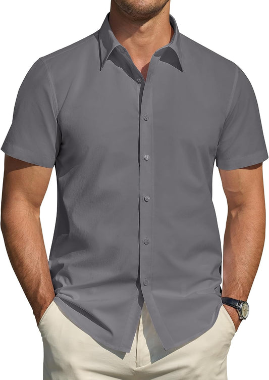 HOTJ.VER Men's Short Sleeve Dress Shirts Stretch Stain Shield Casual Button Down Shirts Solid Formal Shirt