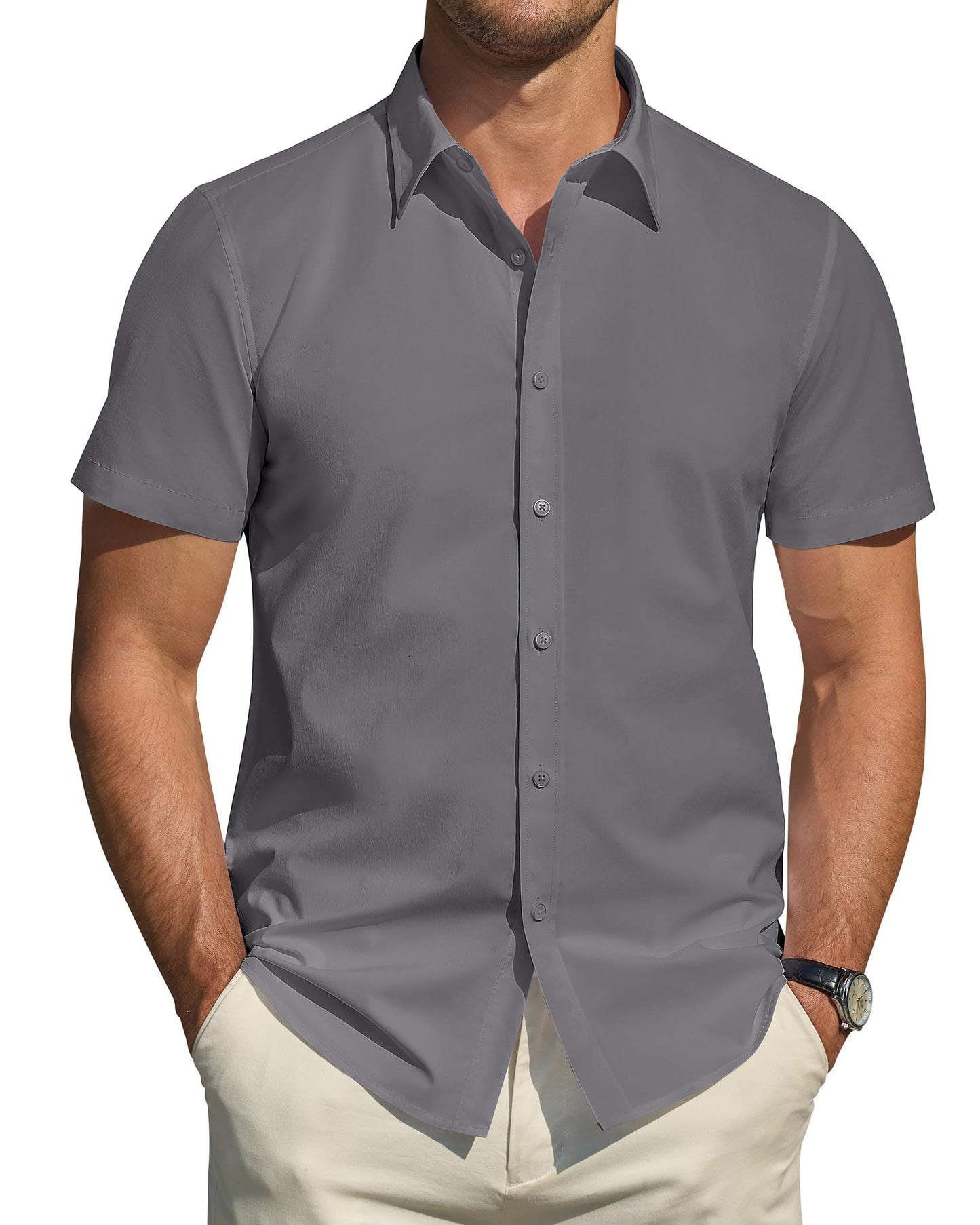 HOTJ.VER Men's Short Sleeve Dress Shirts Stretch Stain Shield Casual Button Down Shirts Solid Formal Shirt