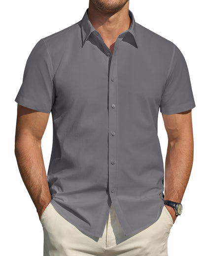HOTJ.VER Men's Short Sleeve Dress Shirts Stretch Stain Shield Casual Button Down Shirts Solid Formal Shirt