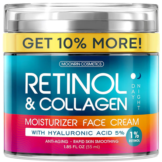 HOTRetinol Cream for Face with Hyaluronic Acid, Day-Night Anti-Aging Moisturizer for Women, Men, Collagen Cream for Face Reduces Wrinkles, Dryness, 1.85 Oz