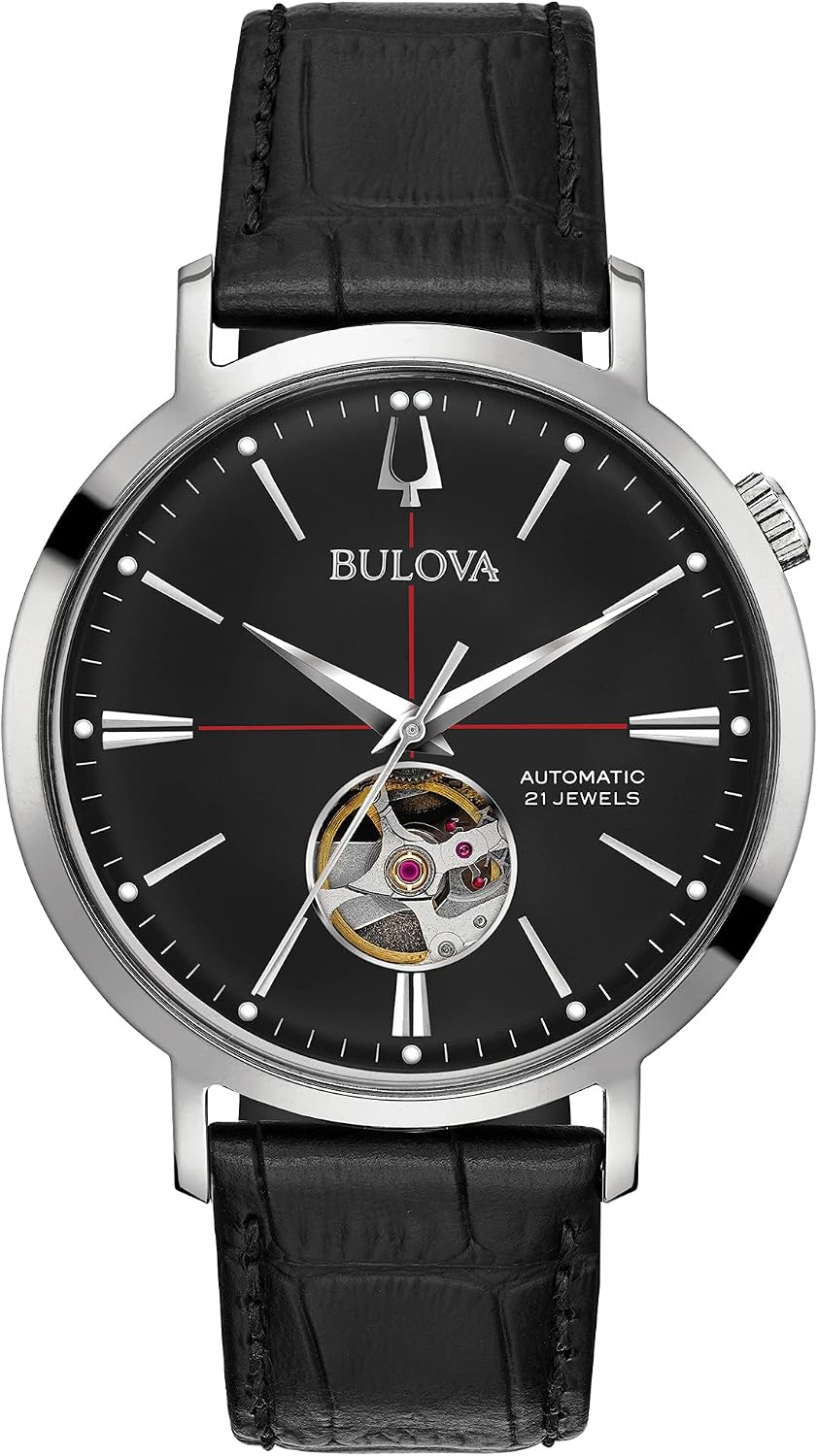 HOTBulova Men's Classic Aerojet 3-Hand Automatic Leather Strap Watch, Open Aperture, 40-Hour Power Reserve, Double Curved Mineral Crystal, 41mm