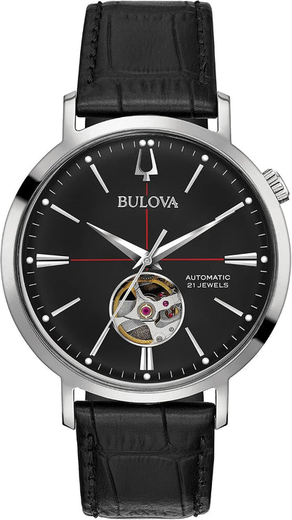 HOTBulova Men's Classic Aerojet 3-Hand Automatic Leather Strap Watch, Open Aperture, 40-Hour Power Reserve, Double Curved Mineral Crystal, 41mm